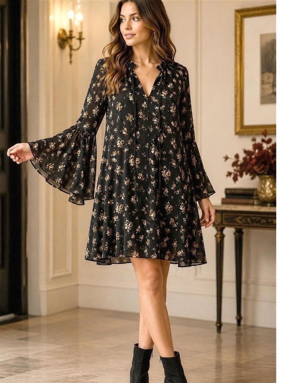 Philosophy Black Floral Long-Sleeve Dress